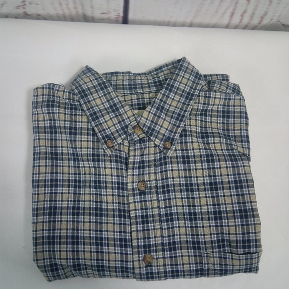 Eddie Bauer Blue Tan Plaid Button Down Shirt L - Picture 3 of 6